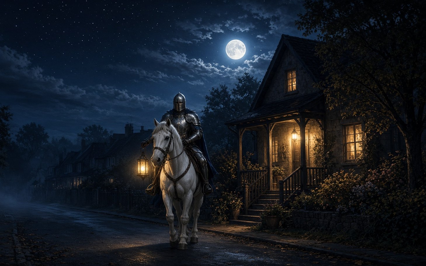 A knight in armor on a white horse, holding a lantern, rides past a lit house under a full moon