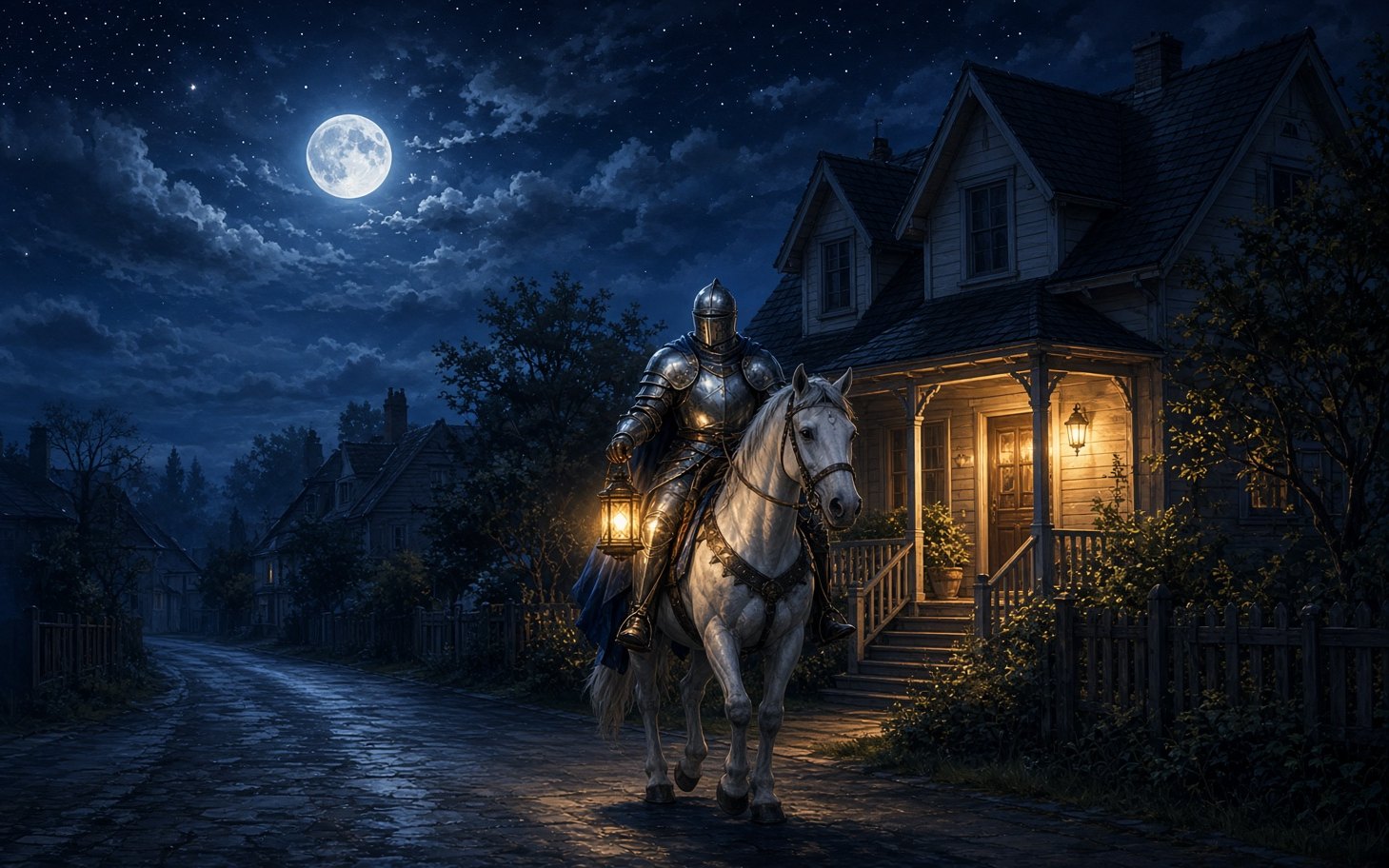 A knight in armor on a white horse, holding a lantern, outside a lit house under a full moon