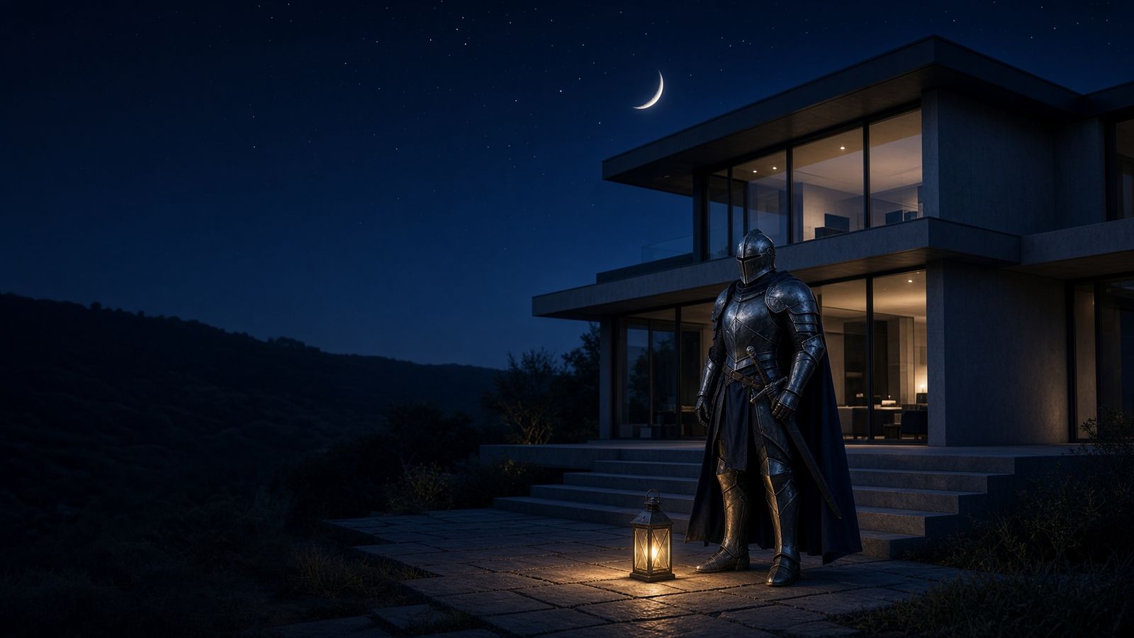 A caped knight stands watch on the steps of a modern glass house at night, a lantern glowing at his feet, under a crescent moon