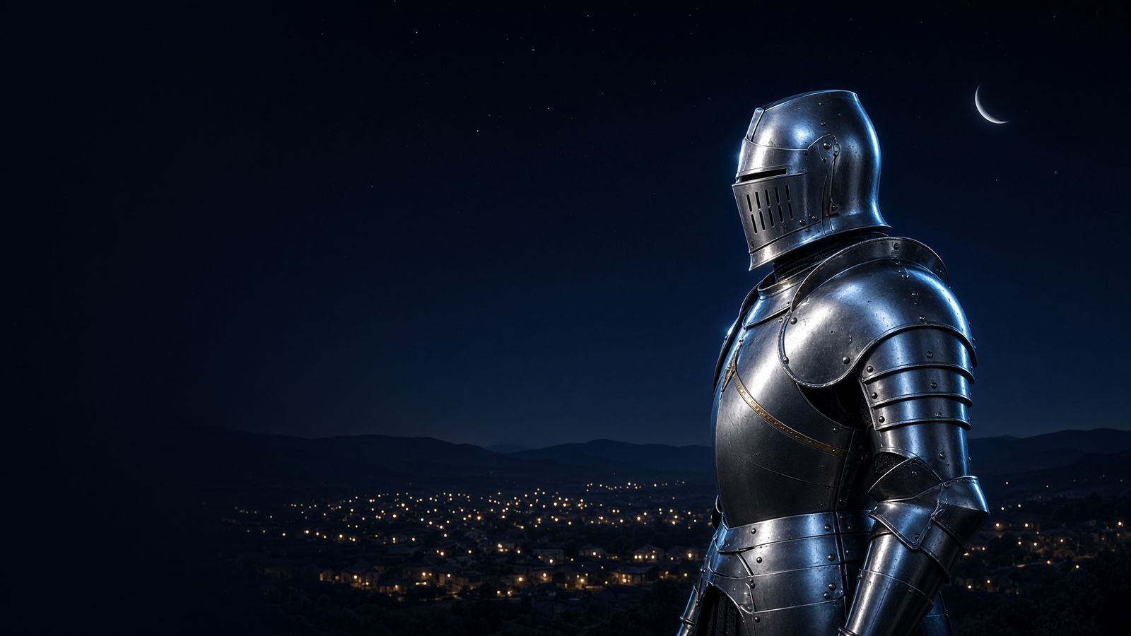A knight in polished steel armor, in profile, keeping watch over a valley of lit houses under a crescent moon
