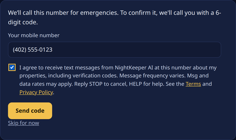 The same step with an example number, (402) 555-0123, entered and the text message consent box ticked.