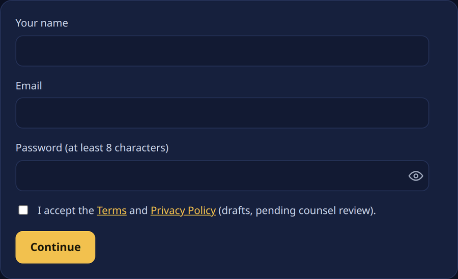 Sign-up step 1 of 5, Create your account: fields for your name, email and password, a box to accept the Terms and Privacy Policy, and a Continue button.
