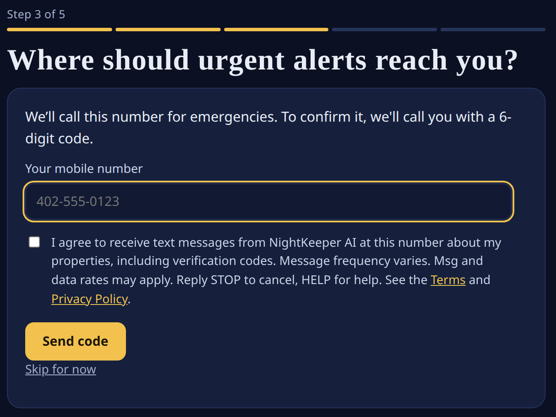 Sign-up step 3 of 5, Where should urgent alerts reach you?: a mobile number field, an unticked checkbox with the text message consent wording, a Send code button and a Skip for now link.